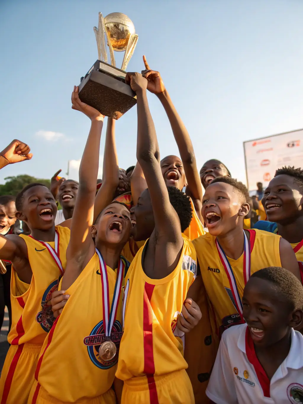A group of students laughing and high-fiving each other after a successful basketball drill, showcasing the teamwork aspect of ASS SPORTIVE CES LE NOYER MARCHAND.