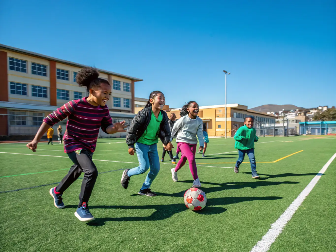 Students engaging in a recreational soccer game during a school event, emphasizing fun, fitness, and friendly competition.