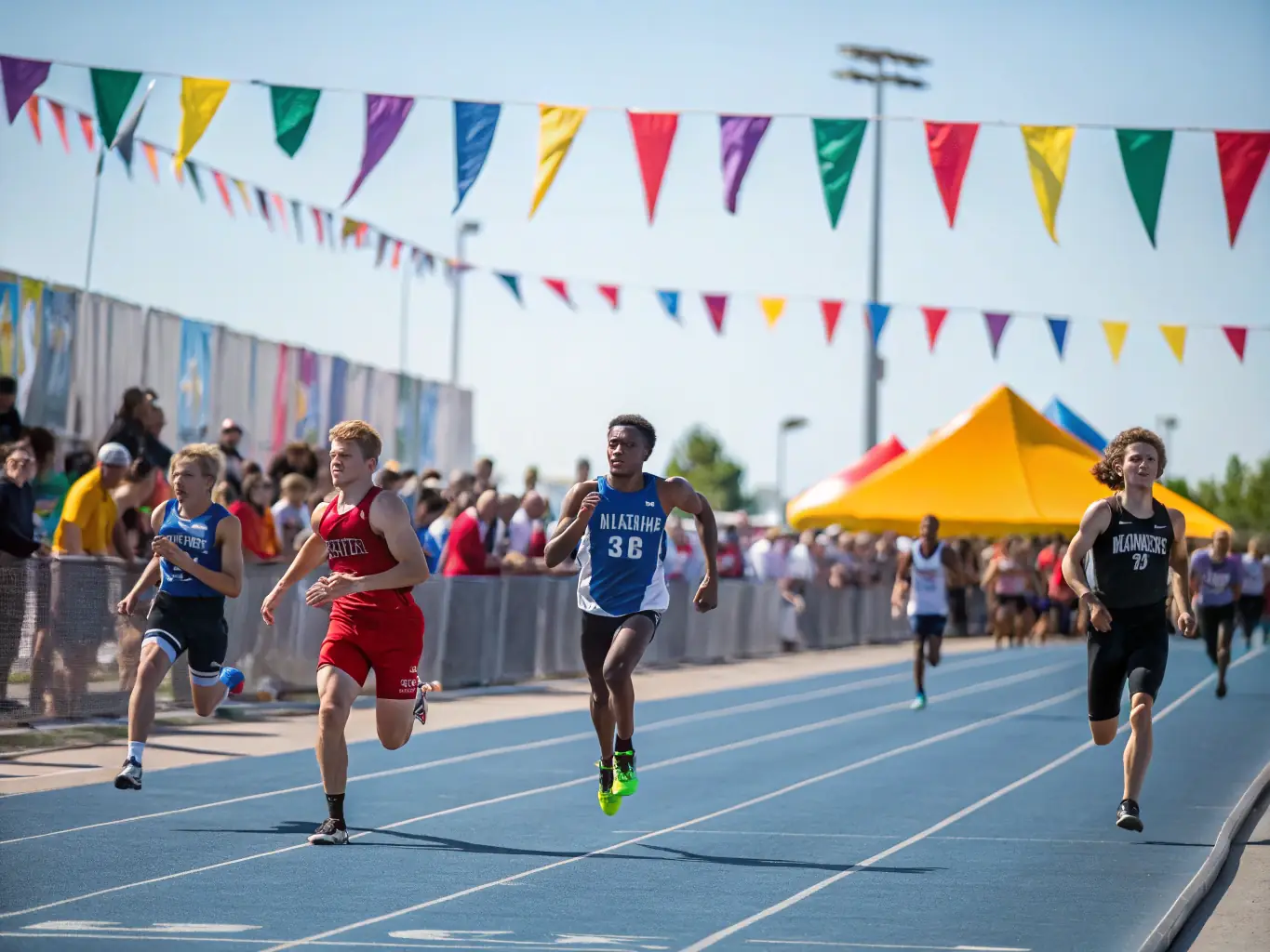 A group of students participating in a track and field event, showcasing speed, agility, and sportsmanship in a competitive setting.
