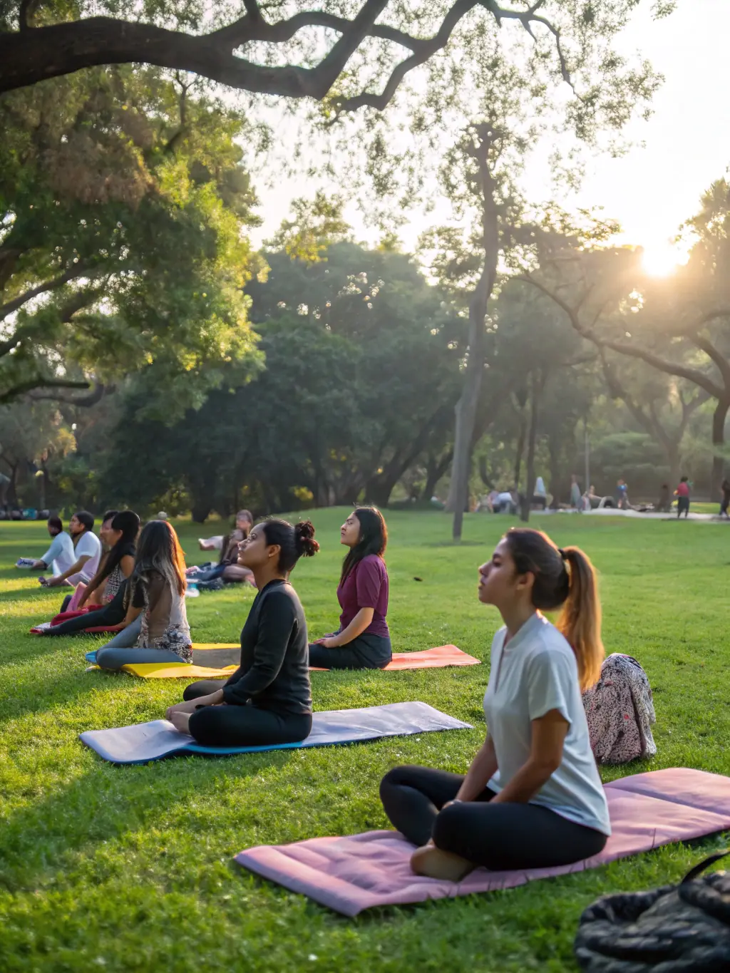 A diverse group of students participating in a yoga session outdoors, promoting a healthy and balanced lifestyle at ASS SPORTIVE CES LE NOYER MARCHAND.