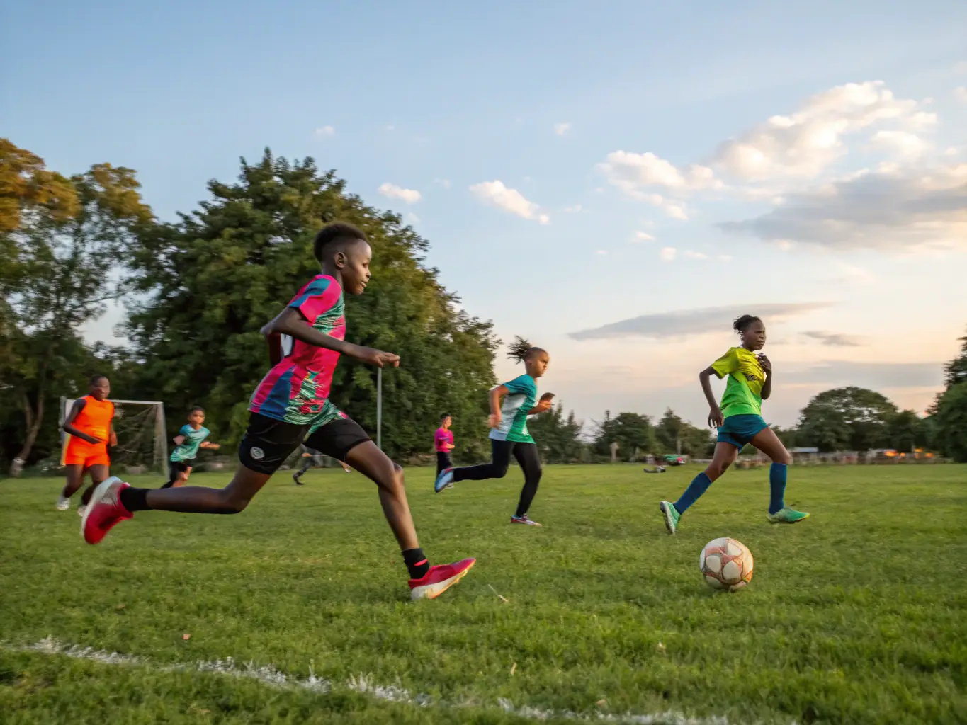 An image of students participating in a soccer training session on the school field, showcasing teamwork and skill development.