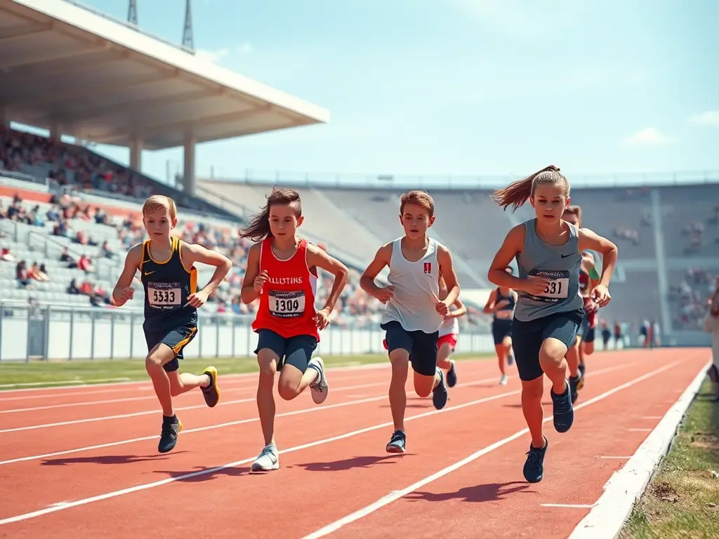 A dynamic image of students competing in a track and field event, demonstrating speed, agility, and sportsmanship.