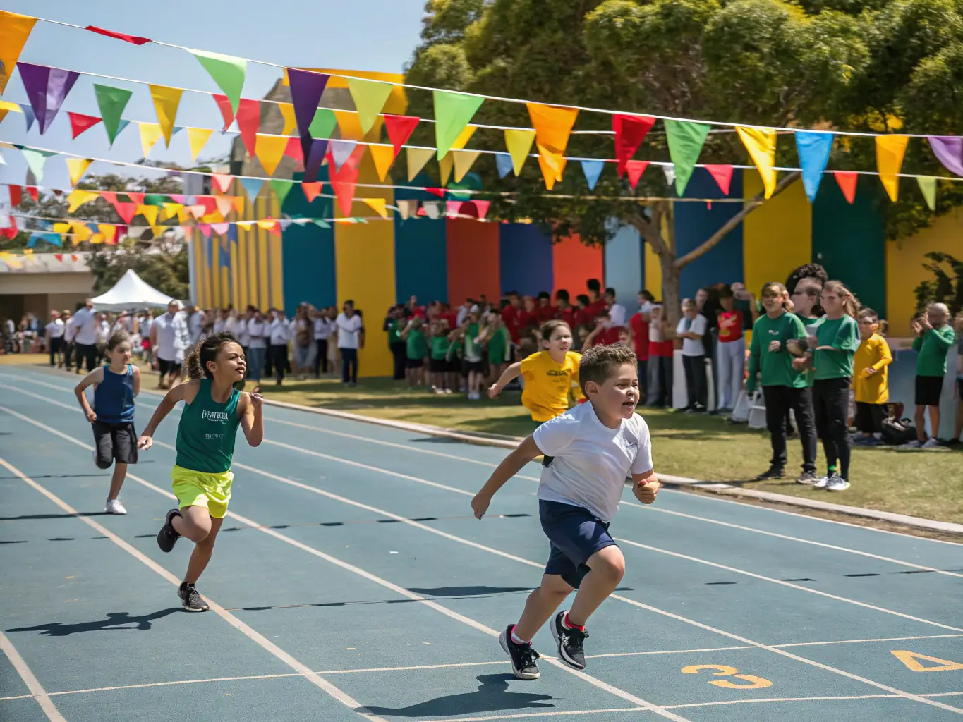 A photograph capturing students enthusiastically participating in a recreational sports day event, with various games and activities.